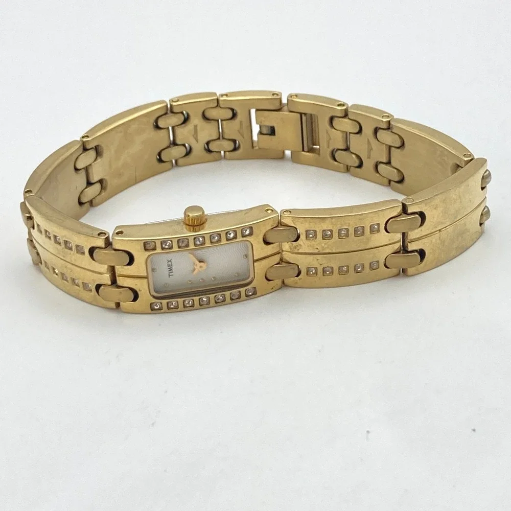 Timex Women's Tank Watch 17mm Gold Tone Crystals Petite New Battery 6.25